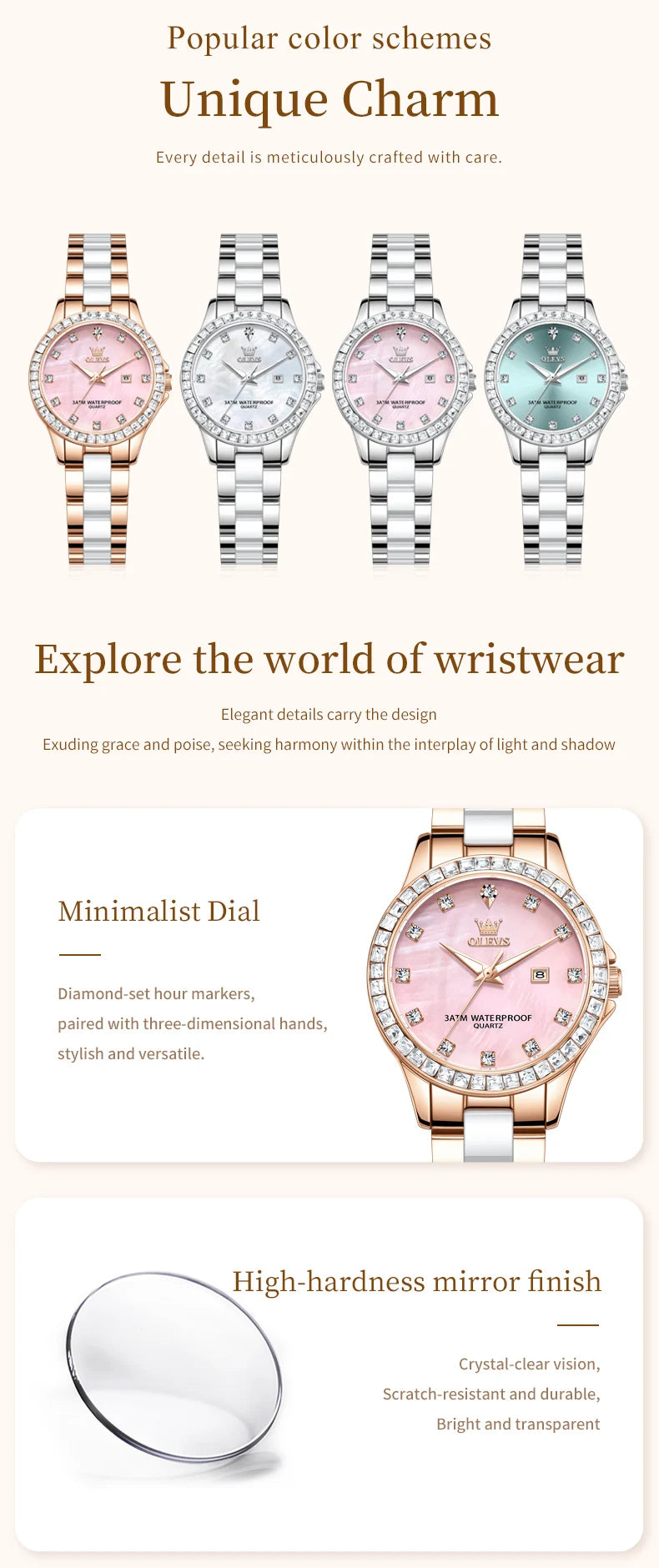 OLEVS New Luxury Ceramic Strap Quartz Watch Women Elegant Diamond Bezel Ladies Wristwatch Waterproof Date Watches Womens Reloj