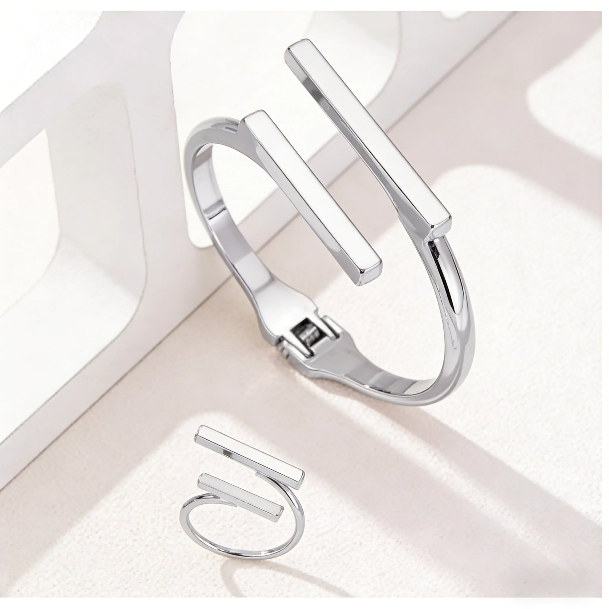 2pcs New Fashion Simple Design Geometric Open Bracelet Ring Set, Women's Personalized Trend Holiday Party Accessories Gifts