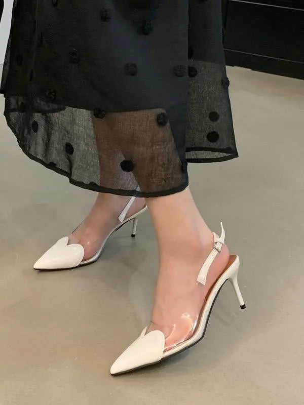 2025 New Pointy Peach Heart Fine Heel Shoes Sexy Pvc Transparent Film Black Patent Leather High Heel Overhead Sandals