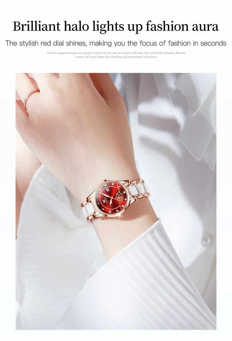 OLEVS 3606 Luxury Women Watch Camellia Quartz Japan Movement 30M Waterproof Watch For Women Ceramics Women Mechanical Watch