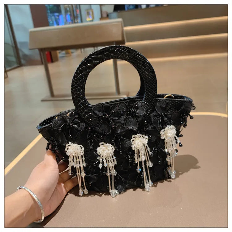 Tassel Flower Ita Bag Women New Shoulder Crossbody Sac A Main Lace Women's Bag Bucket Female Leather Handbag