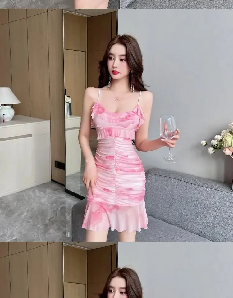 Summer French Pure Sexy Mesh Printed Suspender Dress Waist Pleated Bag