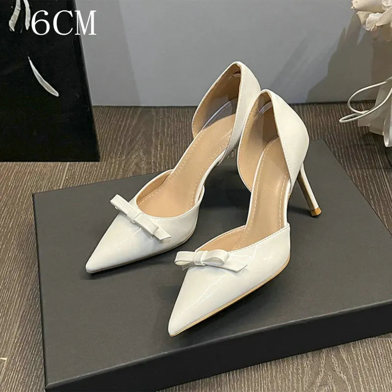 New Autumn Patent Leather Nude High Heels Thin Heel Pointed Bow Korean Version Summer Senior Feeling Hollow Female Pumps
