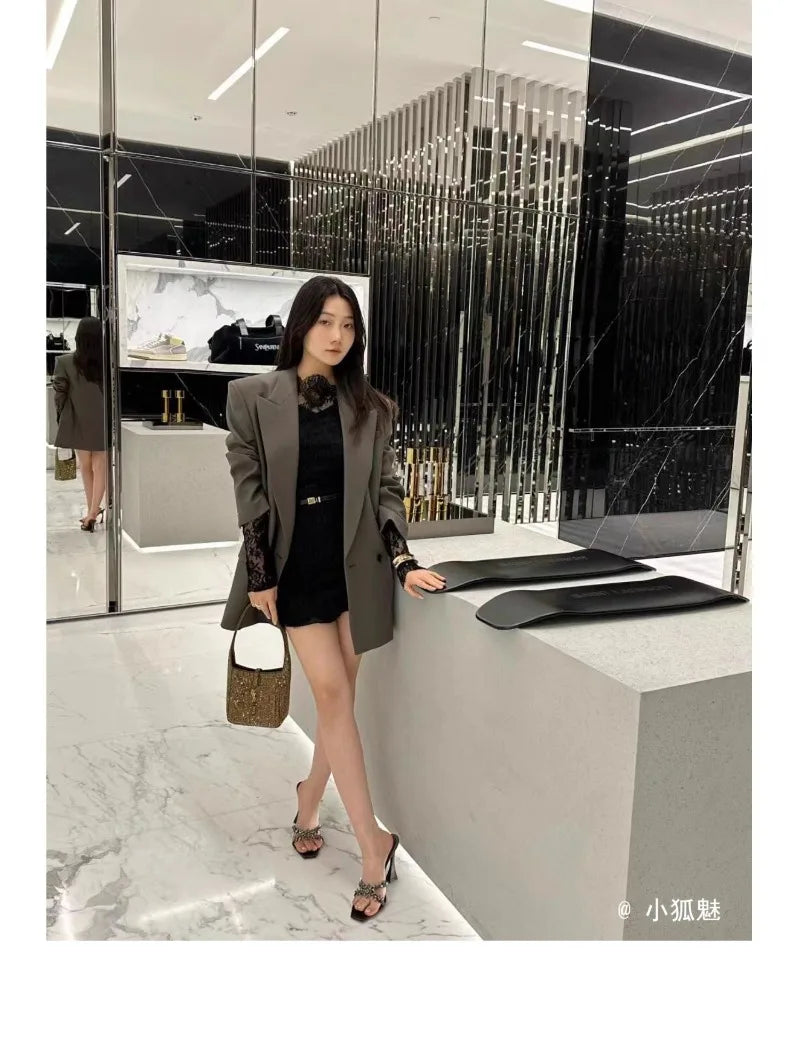 2025 Summer Women's High Heel Sandals Cross Rhinestone Square Head Open Toe Sandals Silk Sexy Stiletto High Heels Mules