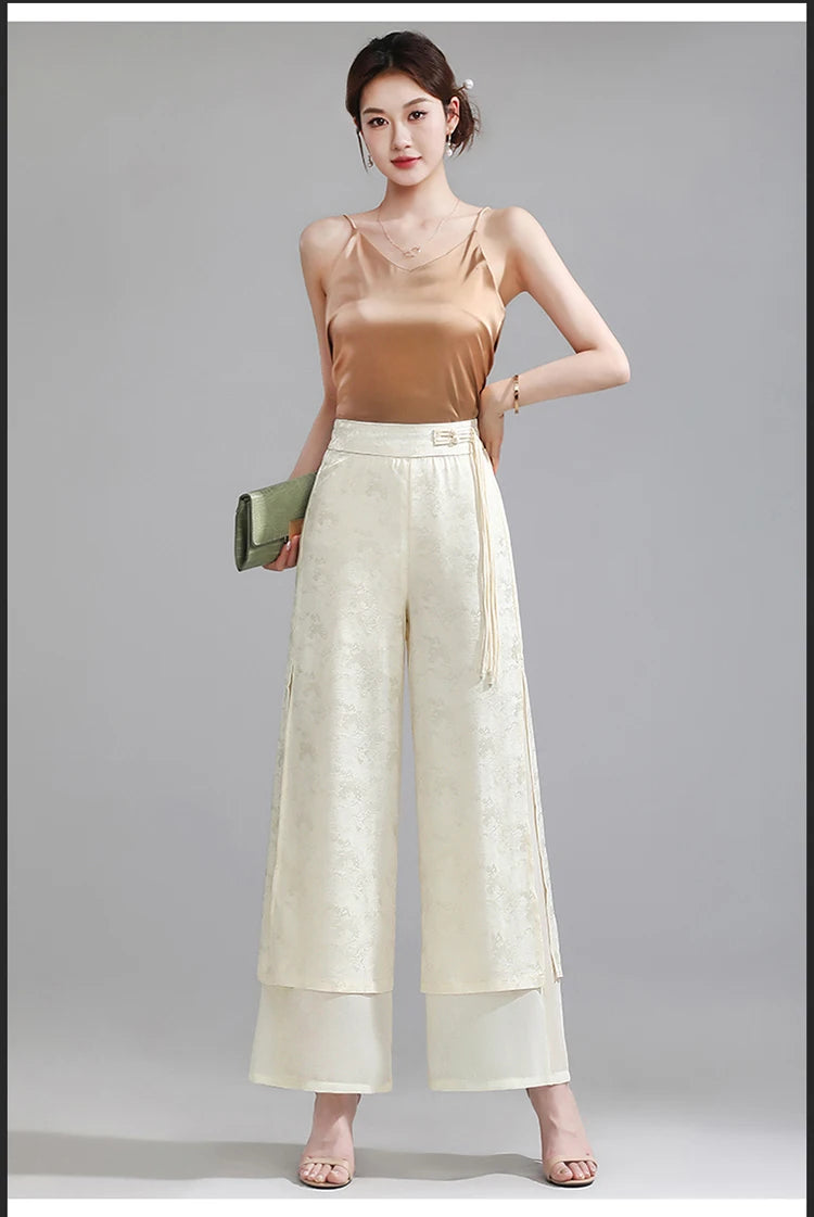 Chiffon Wide Wide Trousers Female Elegant Vintage New Pants Summer Thin Split Loose Skirt Pants Women Black Green