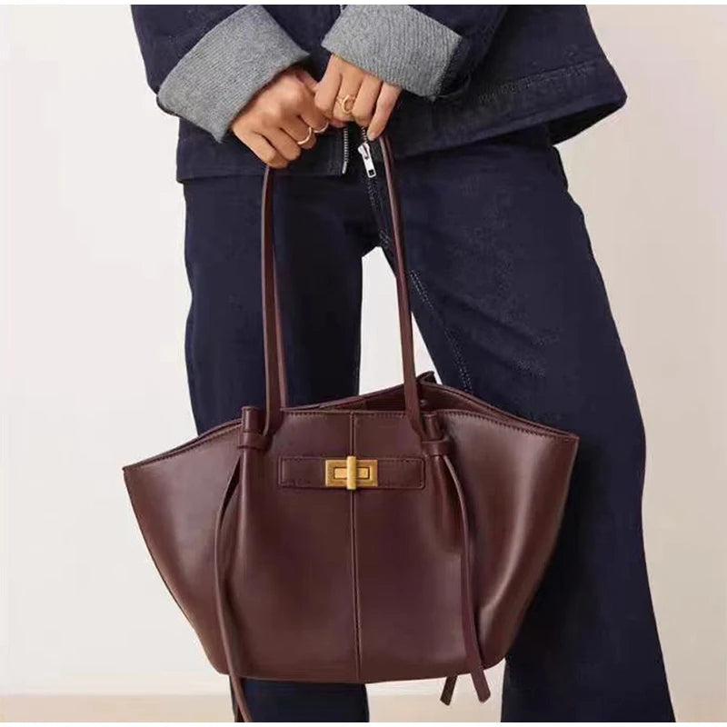 Brand Wing Shaped Handbag Luxury Gold Lock Buckle Design Tote Bag Women Large Capacity Shopping Bag Elegant Commute Underarm Bag