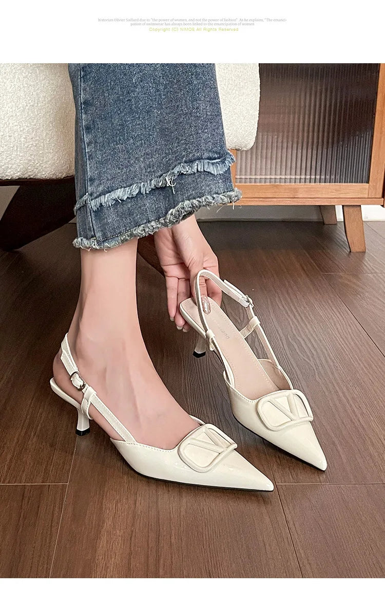 2025 Summer New 41-42 Large Size French Sandals Women's V Buckle Pointed Stilettos, Rear Empty Skirt High Heels