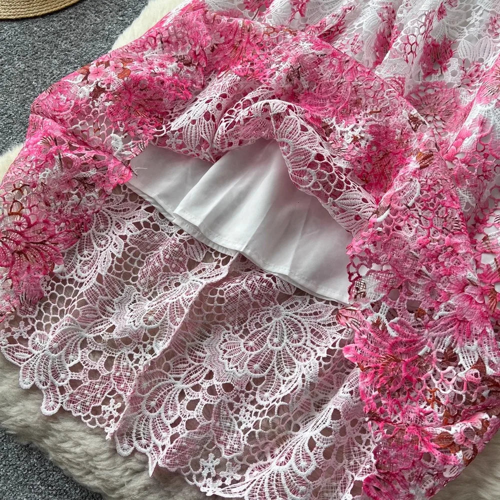 Designer Runway Summer White Flower Embroidery Evening Dress Women Short Sleeve Sexy Hollow Out Waist Long Vestidos Lace Dresses