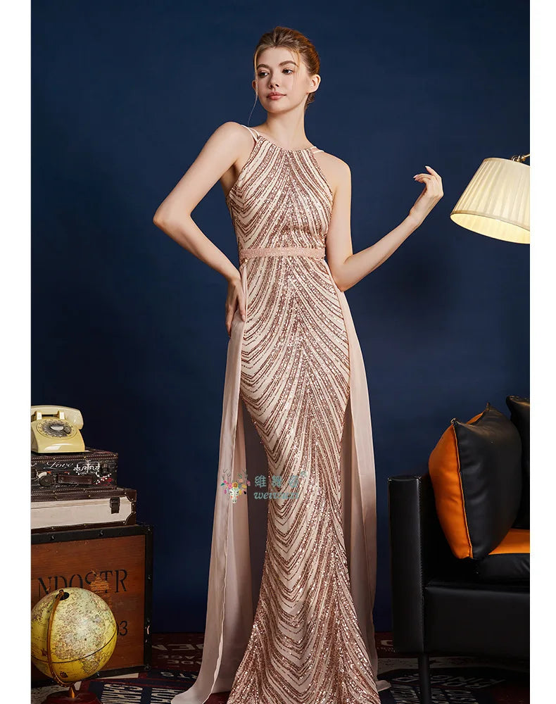 Chic High Sleeveless Sexy Backless Beading Sequined Mermaid Formal Evening Dresses Birthday Party Prom Gowns Elegant Luxury