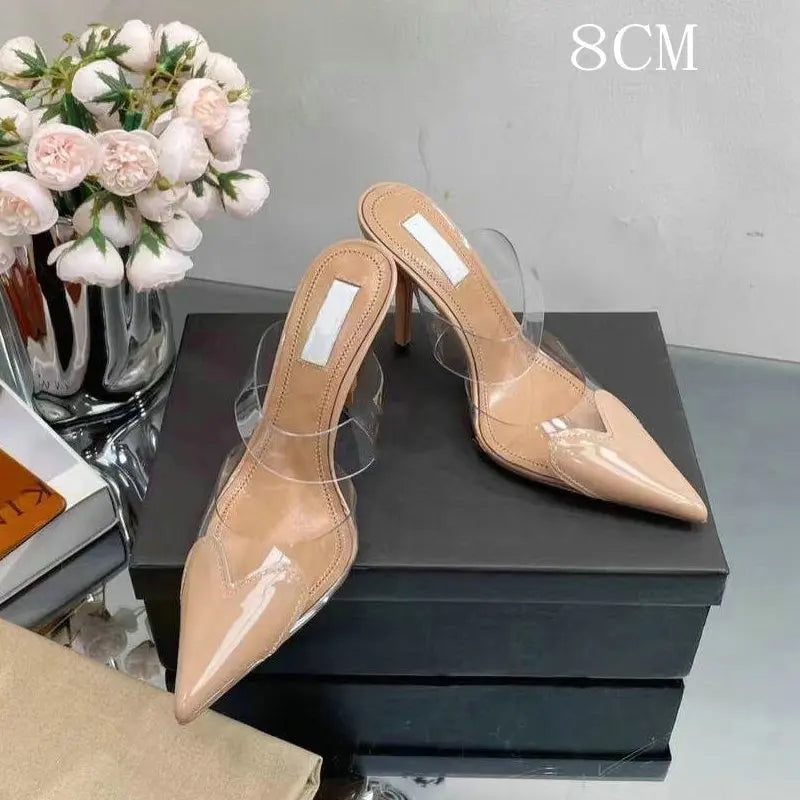 2025 Colorful Heart-Shaped Transparent Sexy Patchwork Color Sandals Women'S Half-Toe Pointed Toe Slippers 6cm/8cm/10cm