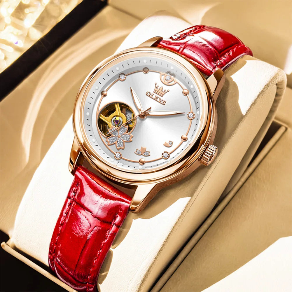 OLEVS Original Rhinestone Flower Design Watch Women's Luxury Rose Gold Watch Wine Red Automatic Mechanical Watch Birthday Gift