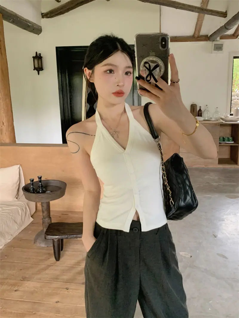 Sexy Spicy Girl Pure Color Design V-Ne Hanging Ne Vest Women's Summer Slim ort Matched with Chest Pad Top