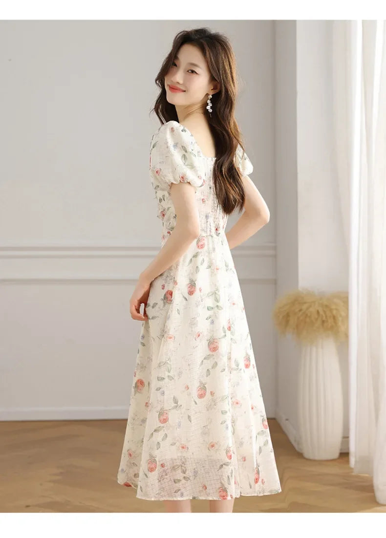 Elegant Summer Dress with Bubble Sleeves And Bellflower Pattern Slimming Empire Waist Knee-Length Polyester Fiber Short Sleeve