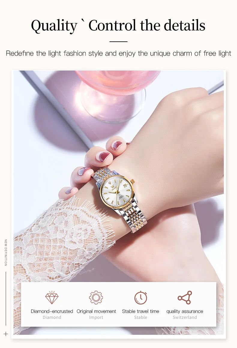 OLEVS 6635 Luxury Brand Ladies Watch Automatic Mechanical Wristwatch Waterproof Stainless Steel Watch For Women Chronograph Date