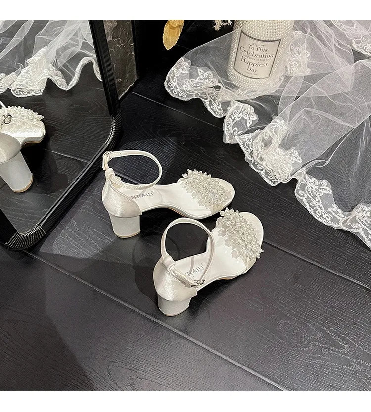 2025 New Style Thick Heel Line With Round Head Large Size Sandals Pearl Buckle High Heel White Bridal Wedding Shoes For Female