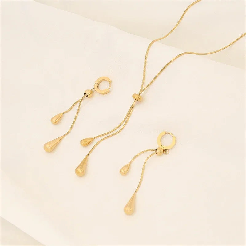 Stainless Steel New Fashion Jewelry Sets Pulling Adjustment Droplet Shape Charm Chain Choker Necklaces Earrings for Women