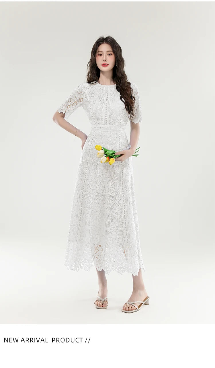 High Quality Lace Hollow Out Women Long Elegant Office Dress Summer French Chic Casual Vintage Purple Short Sleeve A-line Dress