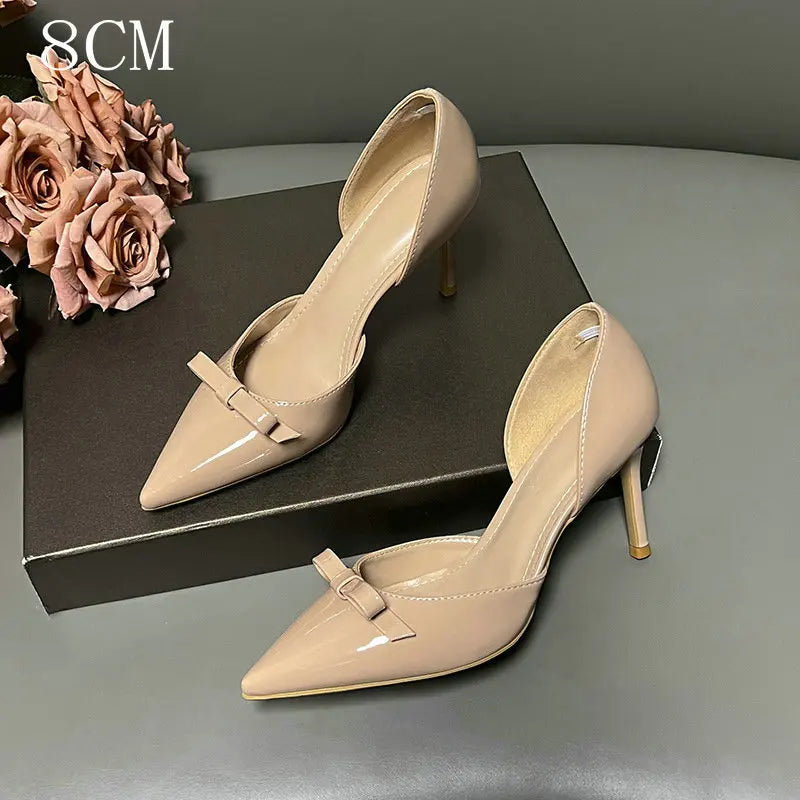New Autumn Patent Leather Nude High Heels Thin Heel Pointed Bow Korean Version Summer Senior Feeling Hollow Female Pumps
