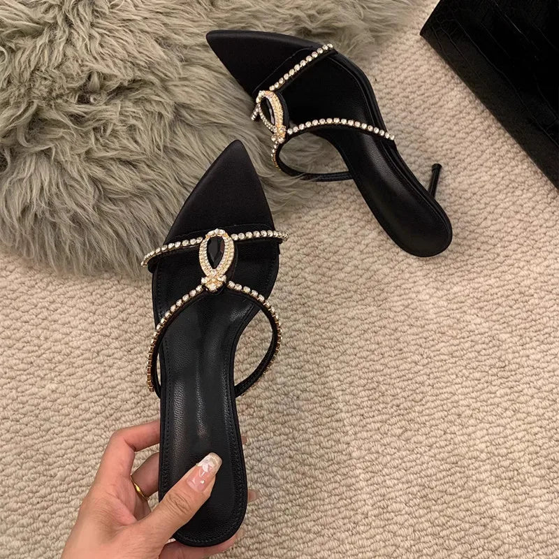 Luxury Rhinestones Gem Women Slippers Sandals Elegant Pointed toe Stiletto High heels Mules Slides Fashion Summer Party Shoes