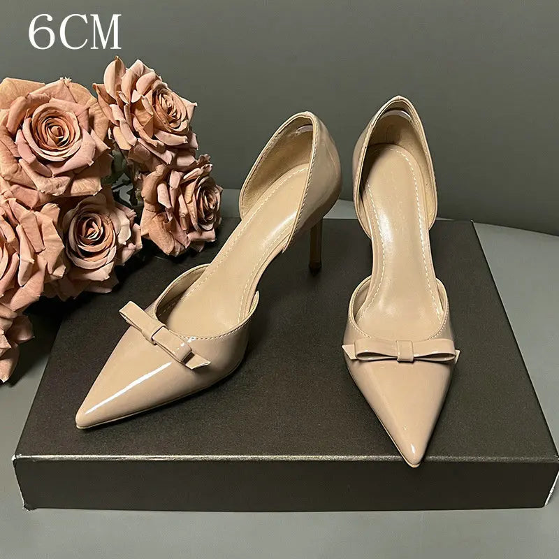 New Autumn Patent Leather Nude High Heels Thin Heel Pointed Bow Korean Version Summer Senior Feeling Hollow Female Pumps