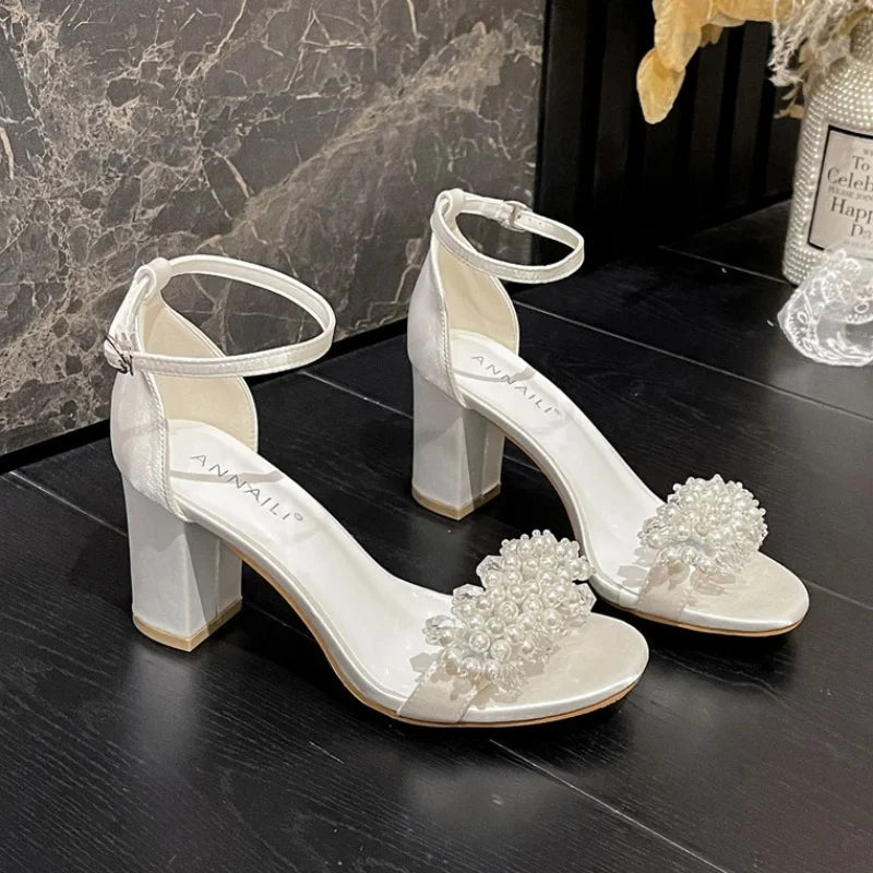 2025 New Style Thick Heel Line With Round Head Large Size Sandals Pearl Buckle High Heel White Bridal Wedding Shoes For Female