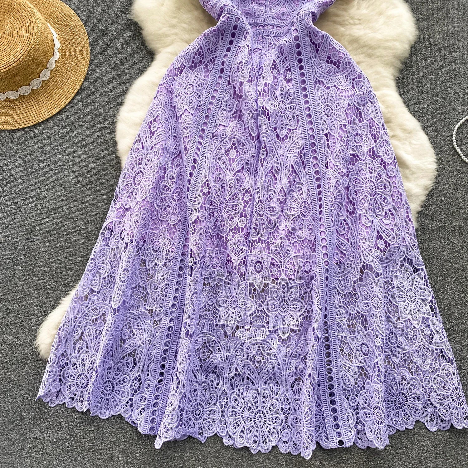 Embroidery Crochet Hollow Out Lace Dress For Women Summer Fashion Runway Short Sleeve Slim Waist Casual Party Midi Vestidos 6931