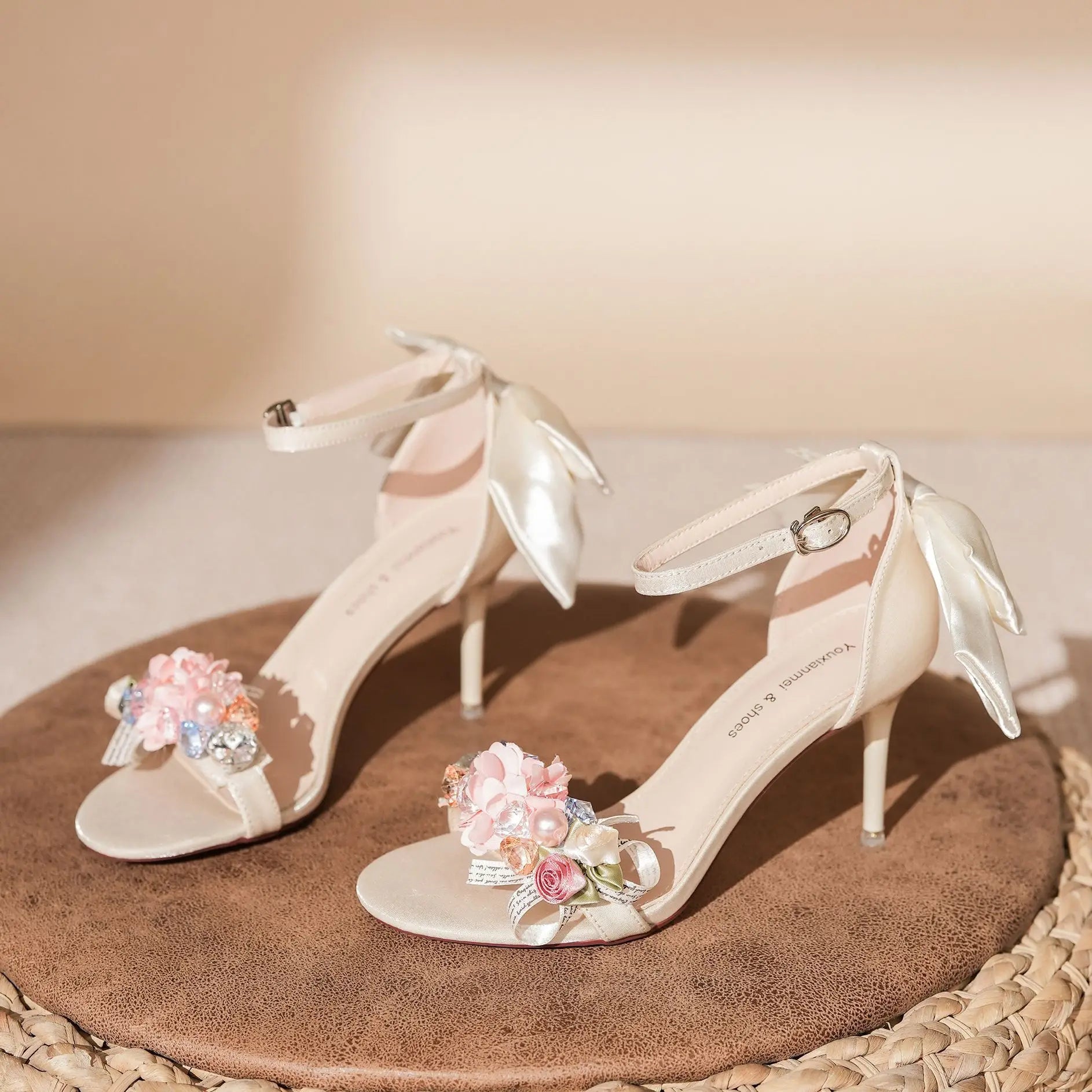 Summer Fashion Shoes Woman Pumps Open Toe Satin Flower Bow Buckle High Heels Ladies Sandals Women's Dress Wedding Party Shoes
