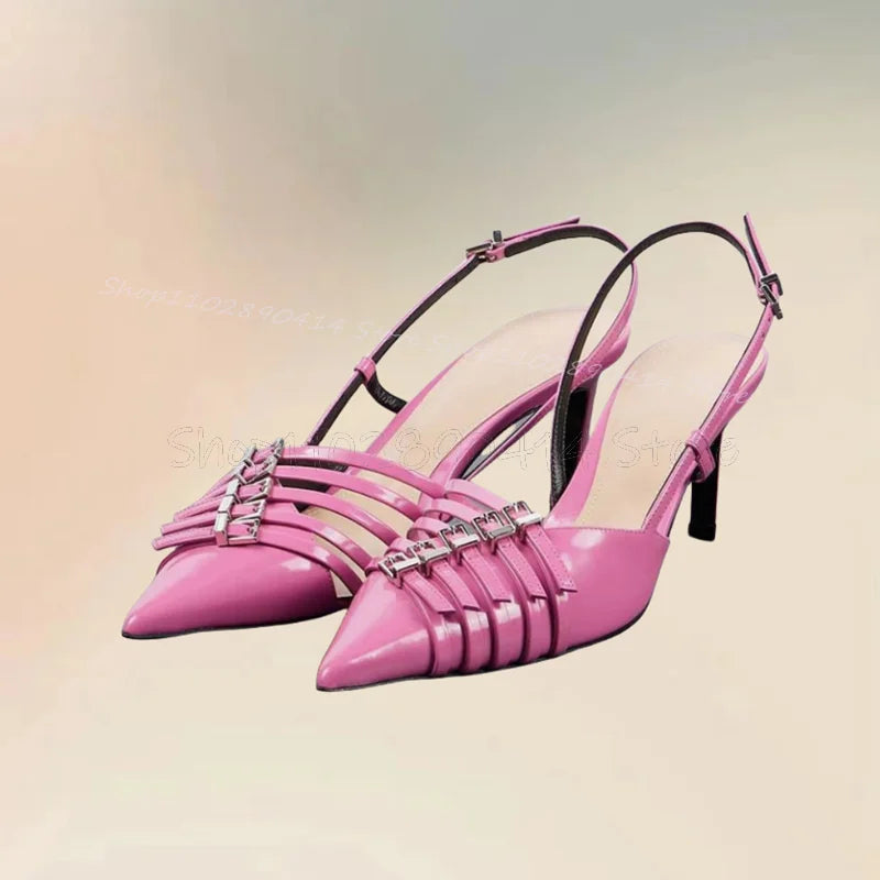 Pink Buckle Decor Hollow Cut Heel Pointed Toe Pumps Buckle Strap Women Shoes Thin High Heels Fashion 2025 Zapatos Para Mujere