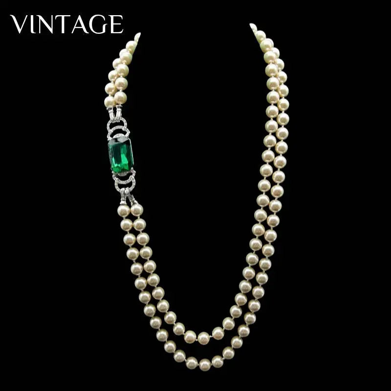 European and American New Retro Elegant Gorgeous Court Temperament Champagne Versatile Emerald Pearl Stud Earrings Necklace Set