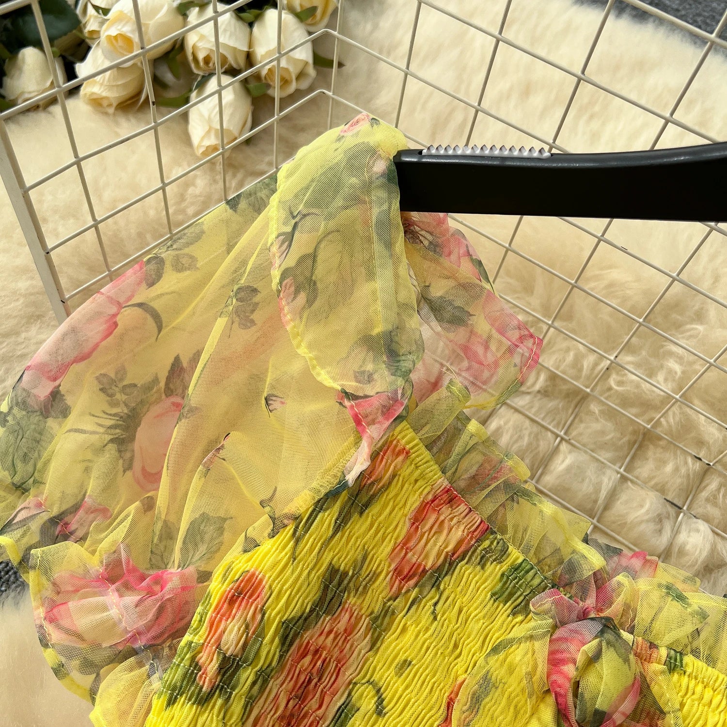 Retro Floral Chiffon Dr Women's Waist Cinched One oulder Bubble Sve Me Skirt Commute Korean Sle High Waist A-Line...