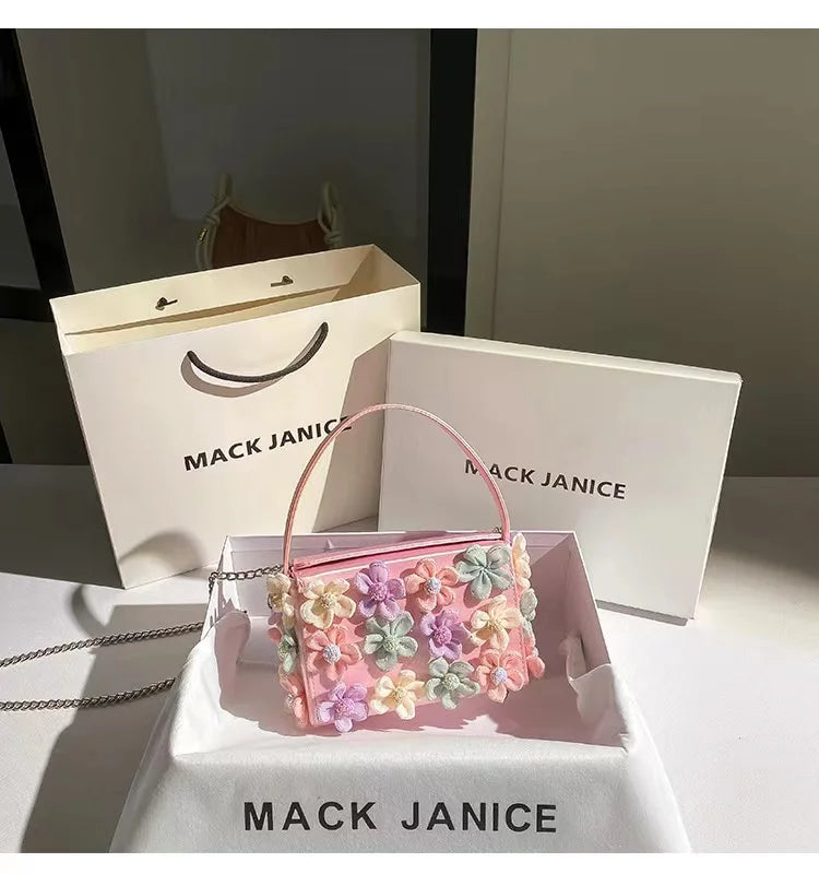 Luxury Satin Appliques Floral Square Bag Women's Handbag Fashion Evening Bag Wedding Party Clutch Purse Shoulder Crossbody Bag