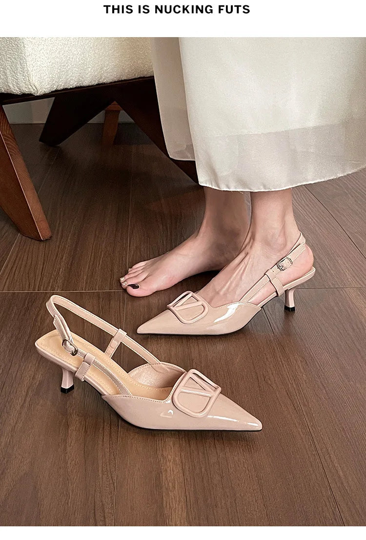 2025 Summer New 41-42 Large Size French Sandals Women's V Buckle Pointed Stilettos, Rear Empty Skirt High Heels