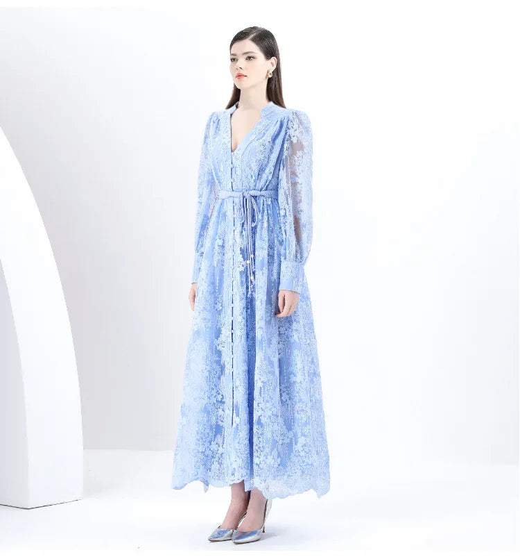 Luxury High-end Women Clothing Dress Spring Fitted Waist Embroidery V-neck Bell Sleeves Long Sleeves Single-breasted Long Dress