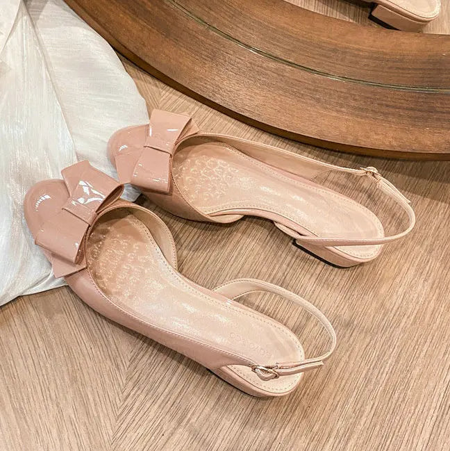 French-Style Bow Head-Toe Sandals For Women 2025 Summer New Style Chunky Heel Patent Leather High Heel Mid-Heel Sandals
