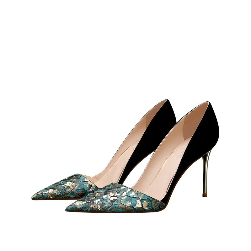 Fashion New Genuine Leather Women Pumps,Side Shallow Out High Heels Autumn Shoes,Slip on,Green,Gold,Pointed Toe Dropship