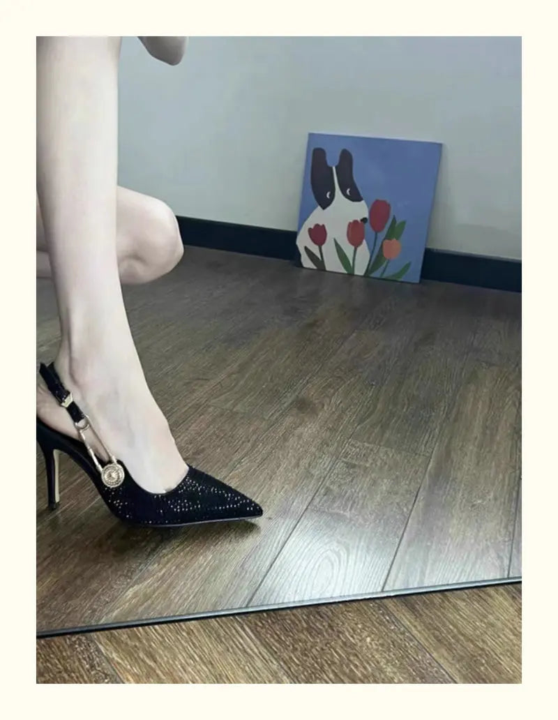 2025 Pointed-Toe Diamond High Heels For Women, Black Tight French Sexy Luxury Hollow Sandals
