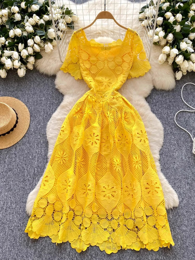 France Elegant Fashion Slim Evening Dress Women Hollow Out Lace Crochet Party Dress Female Casual Chic High End Clothing New