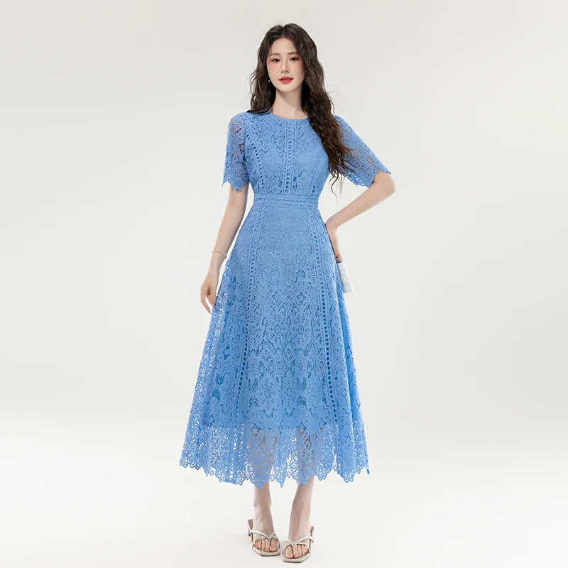 High Quality Lace Hollow Out Women Long Elegant Office Dress Summer French Chic Casual Vintage Purple Short Sleeve A-line Dress