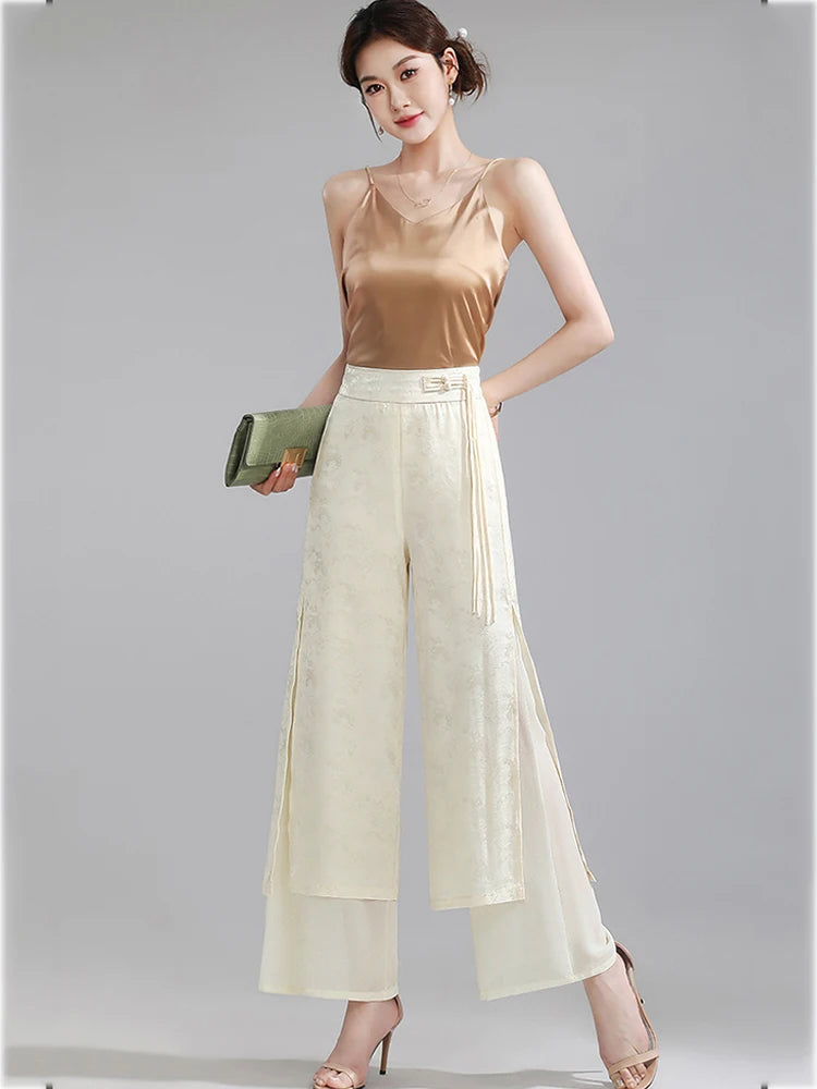 Chiffon Wide Wide Trousers Female Elegant Vintage New Pants Summer Thin Split Loose Skirt Pants Women Black Green