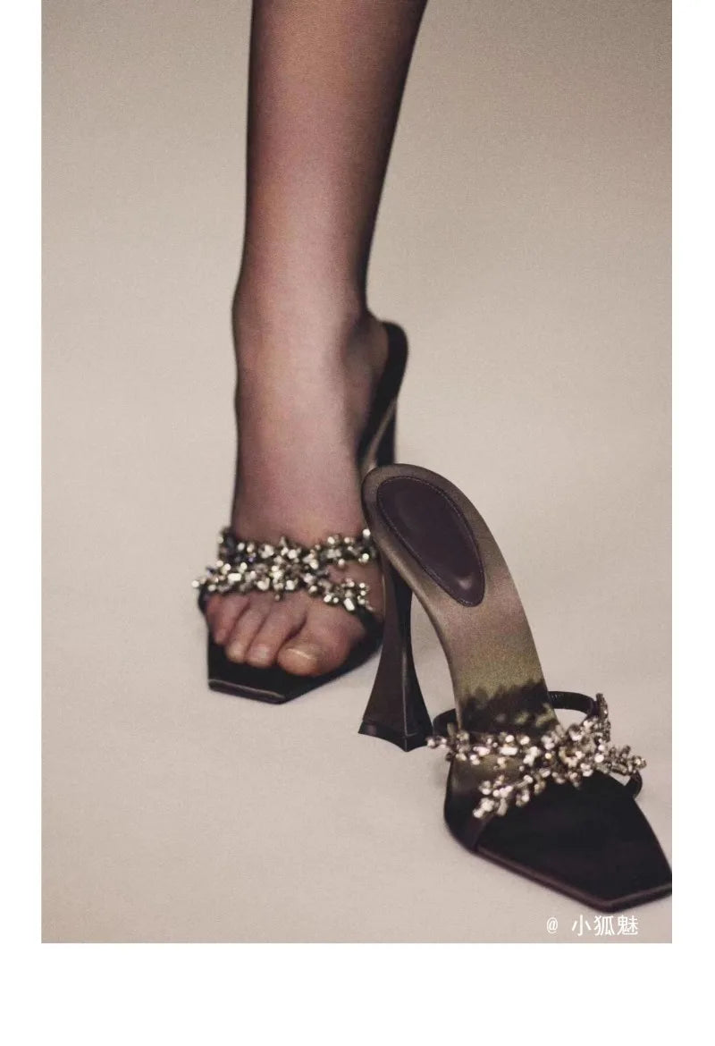 2025 Summer Women's High Heel Sandals Cross Rhinestone Square Head Open Toe Sandals Silk Sexy Stiletto High Heels Mules
