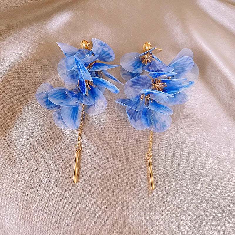 Pink Flowers Mesh Long Tassel Earrings For Women Sweet Temperament Crystal Drop Dangle Earring Party Wedding Jewelry Wholesale