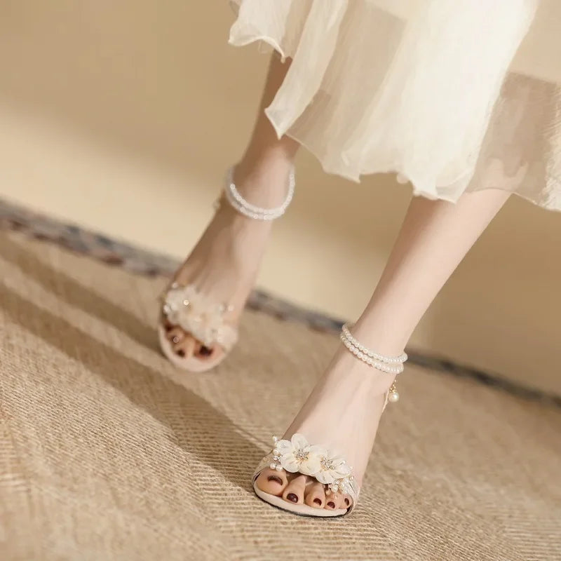 Small Size 31 32 33-43 Women Peep Toe Sandals Wedding Heels Wide Fat Feet Shoes for Women Pearl Flower Bridal Shoes Zaptos Mujer