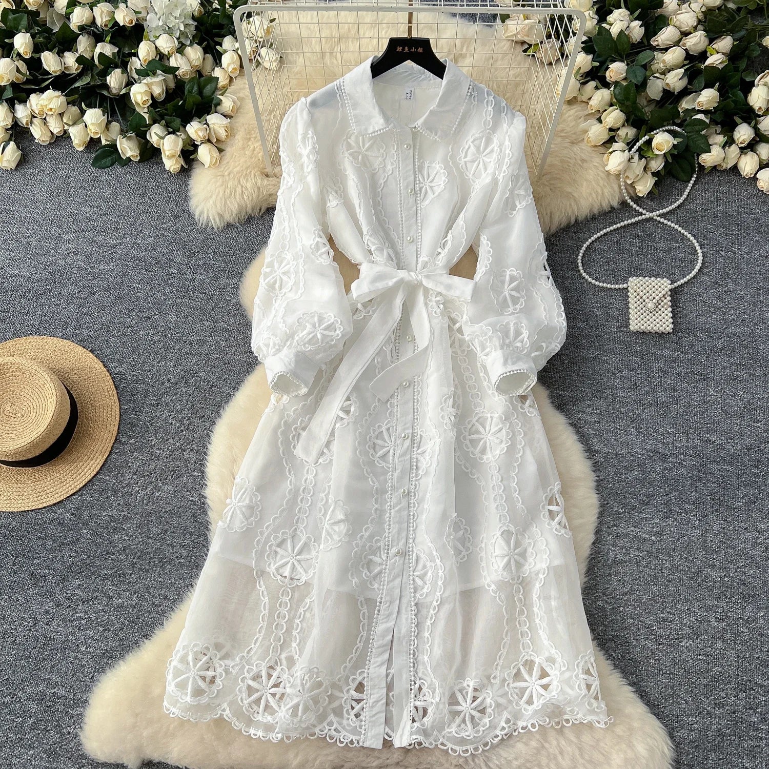 Elegant Embroidery Vintage Lantern Sleeves Lapel Single Breasted Chic Bandage Slim Long Dresses Women High Street Clothing