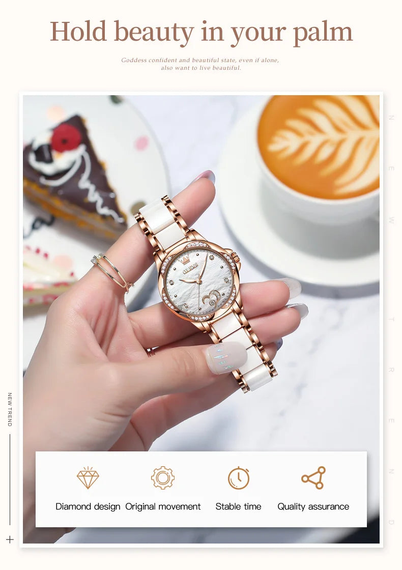OLEVS Ladies Watch Woman Luxury Fashion Waterproof Watch for Women Watches Ceramic Automatic Mechanical Clock Gift Relogio