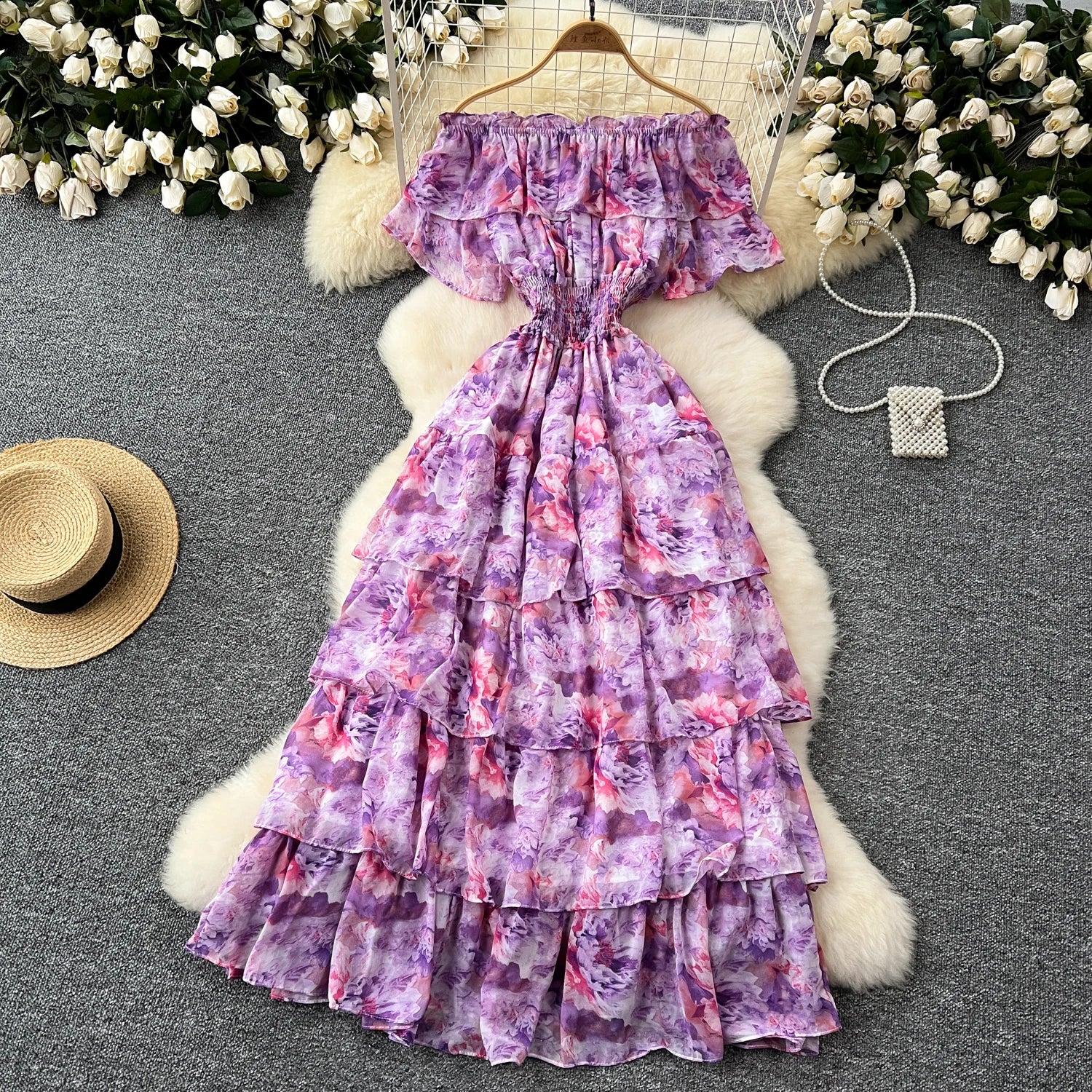 French Vintage Off Shoulder Short Sleeve Ruffle Tiered Long Dresses Chic Casual Beach Vacation Women Summer Chiffon Clothing