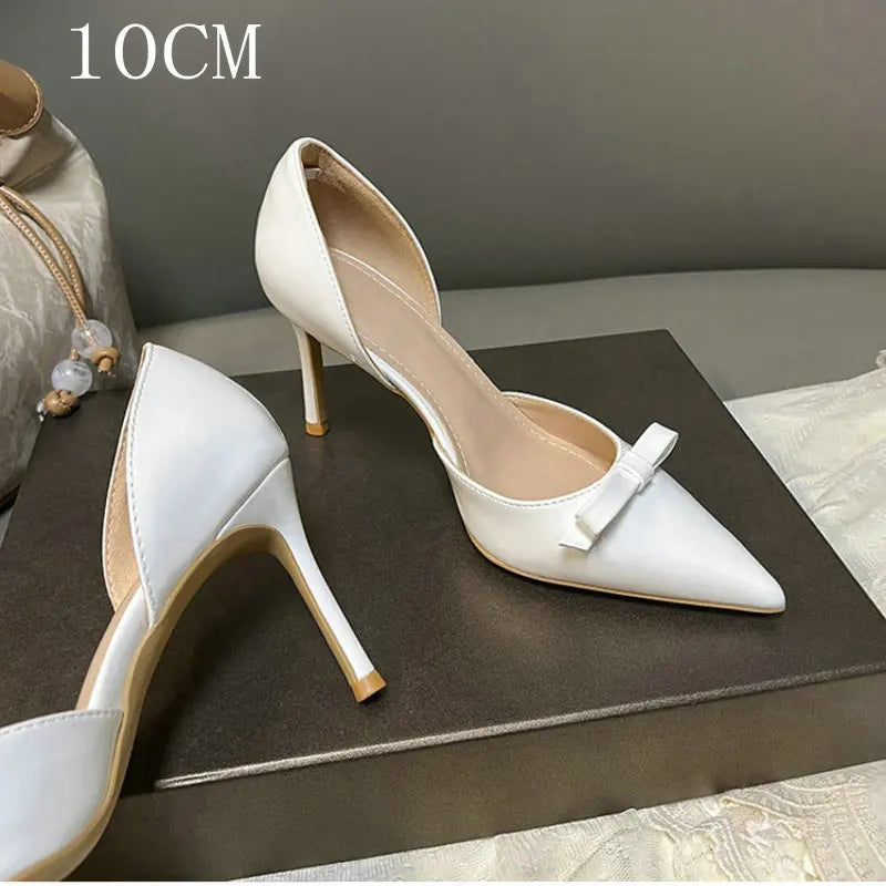 New Autumn Patent Leather Nude High Heels Thin Heel Pointed Bow Korean Version Summer Senior Feeling Hollow Female Pumps