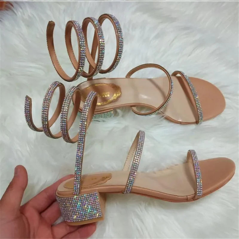 Summer Fashio 4CM Thick Heel Gladiator Sandals Women Flat Sandals Snake Punk Rhinestone Women Sandals Wedding Shoes