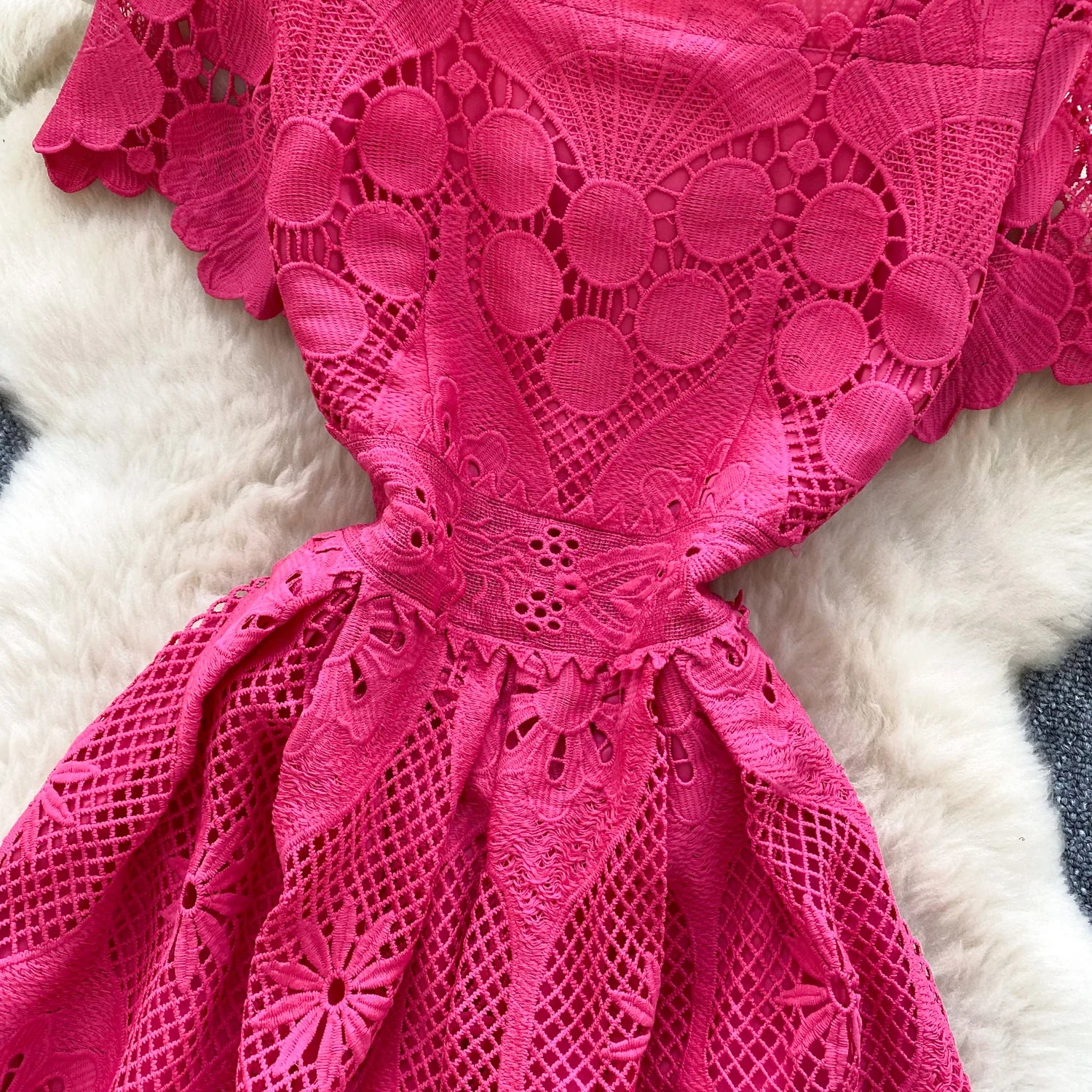 France Elegant Fashion Slim Evening Dress Women Hollow Out Lace Crochet Party Dress Female Casual Chic High End Clothing New