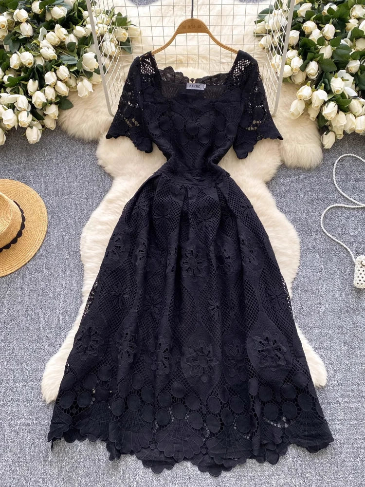 France Elegant Fashion Slim Evening Dress Women Hollow Out Lace Crochet Party Dress Female Casual Chic High End Clothing New