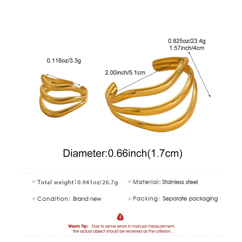 Stainless Steel Multi-Layer Wave Open Bracelet Rings Set for Women Simple Metal Twisted Lines Hand Chain Fashion Banquet Jewelry